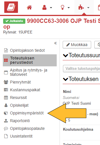 Oppimisympäristöt-välilehti Pepissä