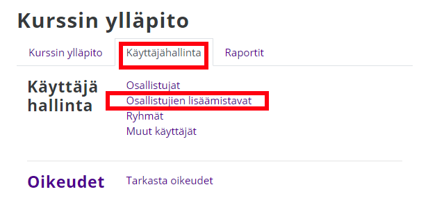 Kurssin käyttäjähallinta-näkymä