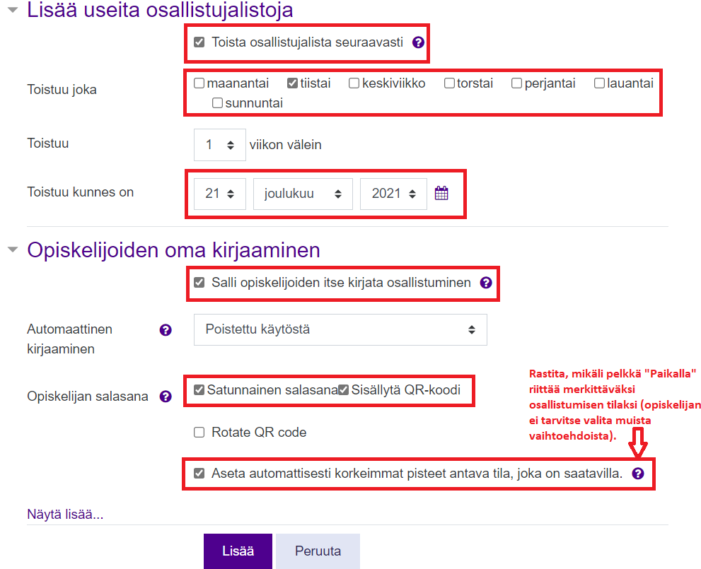 Osallistujalistan lisäämisen asetukset
