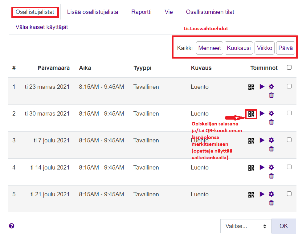 Listausnäkymä osallistujalistoista